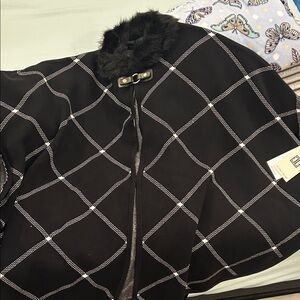 Ivanka Trump Black Cape with White Grid and Fur Collar